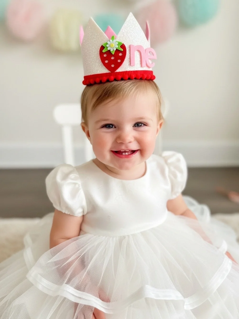Pink and White Sparkle Strawberry 1st Birthday Crown